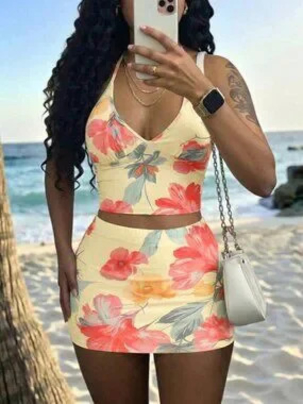 Multicolor Boho Women's Floral Spaghetti Strap Crop Top & Bodycon Mini Skirt Set